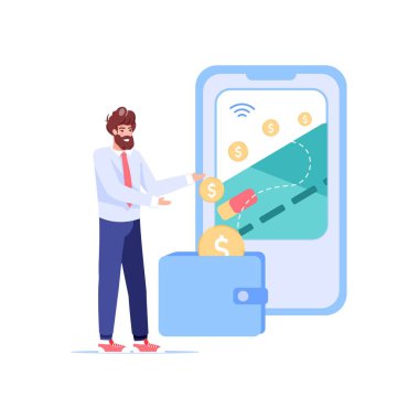 Düz çizgi film karakteri mobil uygulama ekranı, vektör illüstrasyon konsepti üzerinden çevrimiçi para alır