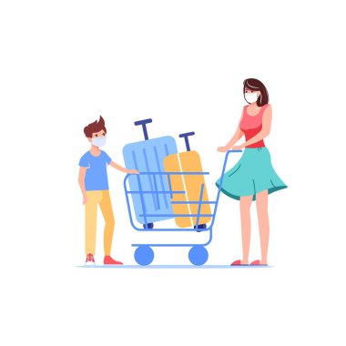 Düz çizgi film aile gezgini karakterleri, koronavirüs koruması, sosyal uzaklık vektör illüstrasyon kavramı