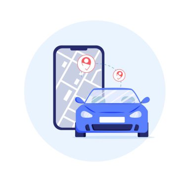 Düz çizgi film arabası, akıllı telefon ve GPS izleme mobil uygulaması, vektör illüstrasyon kavramı