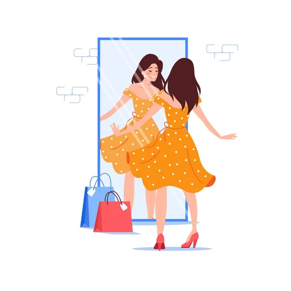 Personaje plano de la chica de dibujos animados tratando de nuevo traje de vestir, moda vector de compras concepto de ilustración — Vector de stock