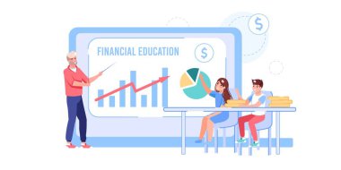 Sınıfta düz çizgi film aile öğretmeni karakterleri, bütçe finansman yönetimi eğitim kursu vektör illüstrasyon kavramı