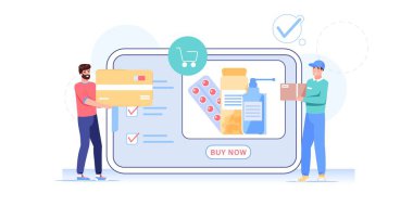 Düz çizgi film karakter siparişleri, mallar, online eczane, teletıp vektör illüstrasyon konsepti