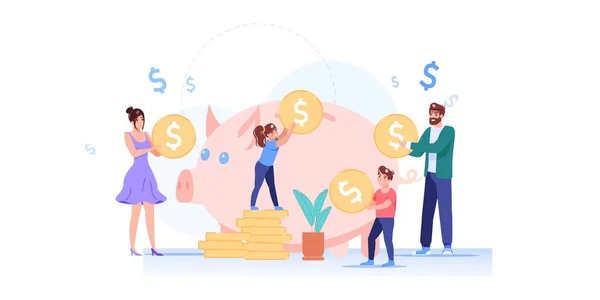 Platte stripfiguren familiebudget financieel beheer, geldbesparende vector illustratie concept — Stockvector