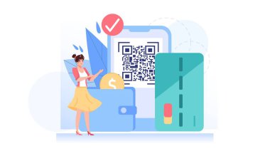 Düz çizgi film karakteri transfer parası mobil uygulama, vektör illüstrasyon konsepti kullanılarak çevrimiçi