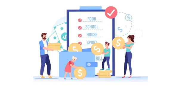 Platte stripfiguren gezinsbudget financieel management plan, vector illustratie concept — Stockvector