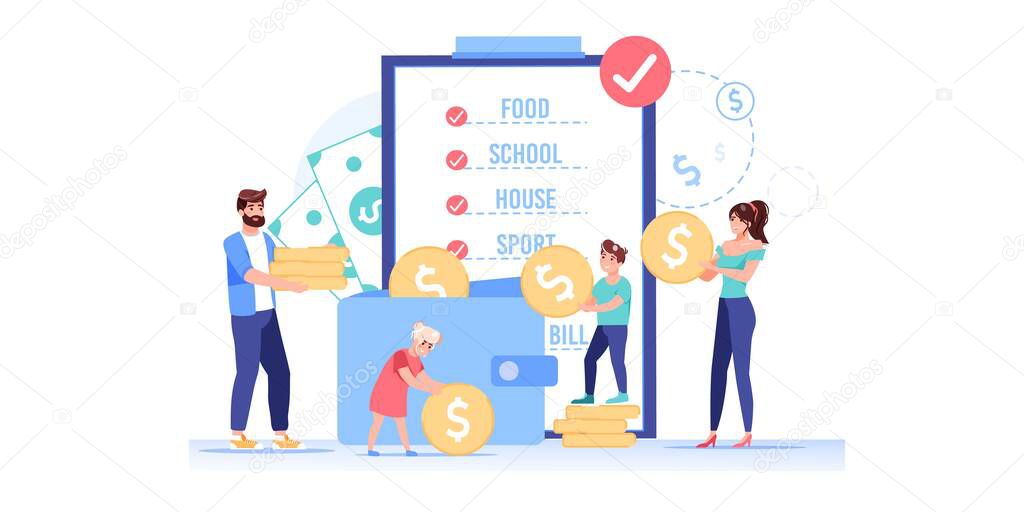 Flat cartoon characters family budget finance management plan,vector illustration concept