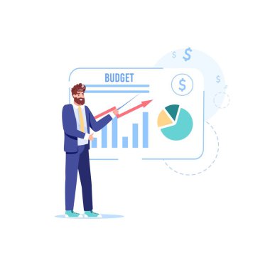 Finansal, para yönetimi eğitim kursu vektör illüstrasyonunda düz çizgi film karakteri