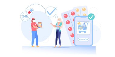 Düz çizgi film karakteri çevrimiçi sipariş ilaçları alıyor, tıbbi dağıtım servisi, vektör illüstrasyon kavramı