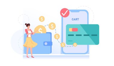 Düz çizgi film karakteri transfer parası mobil uygulama, vektör illüstrasyon konsepti kullanılarak çevrimiçi