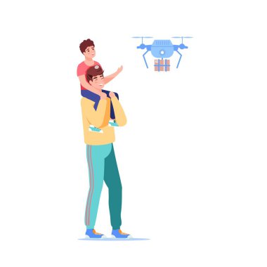 Çevrimiçi alımlar alan düz çizgi film karakterleri, İHA servis vektör illüstrasyon kavramı