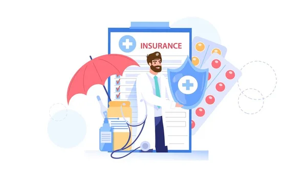 Plochý karikatura lékař charakter nabízí zdravotní pojištění, zdravotní péče vektor ilustrační koncept — Stockový vektor