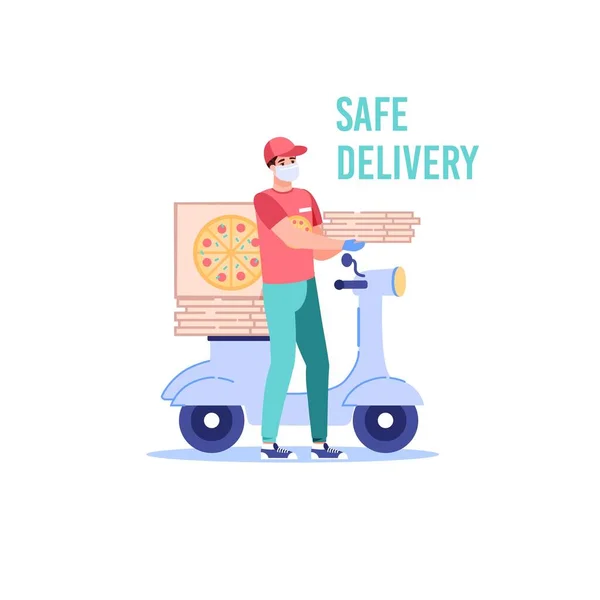 Flat cartoon delivery man character,coronavirus protection,social distancing vector illustration concept — Stock Vector