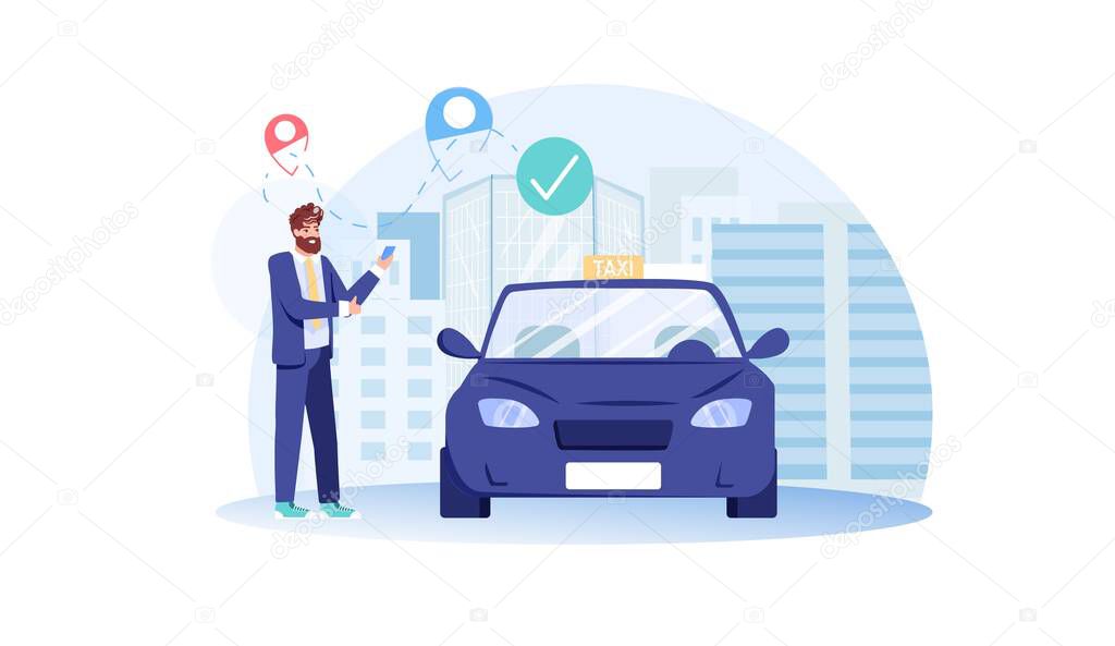Flat cartoon man character order taxi with mobile app,vector illustration concept