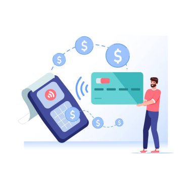 Düz çizgi film karakteri NFC 'ye ulaşılamaz kart ödemesi, vektör illüstrasyon konsepti yapıyor