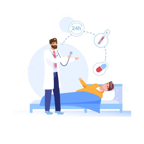 Flat cartoon patient and doctor characters,online telemedicine vector illustration concept — Stock Vector