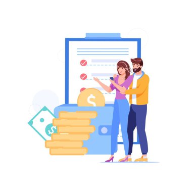 Çizgi film karakterleri market alışveriş listesi, vektör illüstrasyon konsepti olan ürünler alırlar