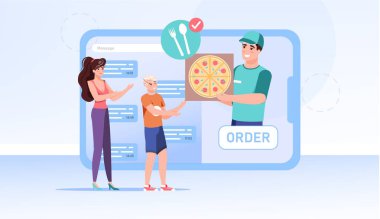 Çevrimiçi alım alan düz çizgi film karakterleri, sipariş servisi vektör illüstrasyon kavramı