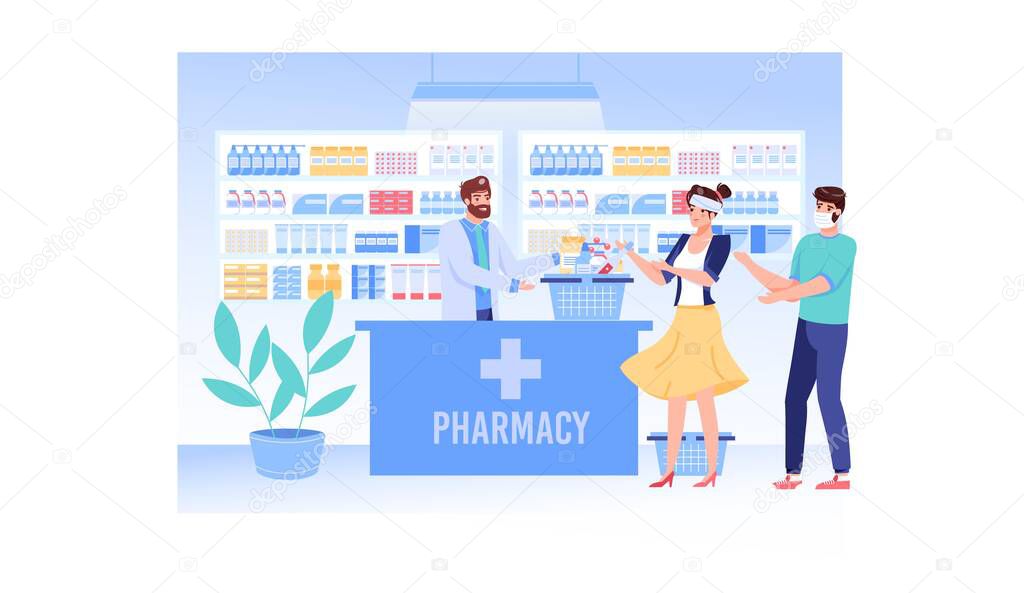Flat cartoon patient and doctor characters,pharmacy store vector illustration concept