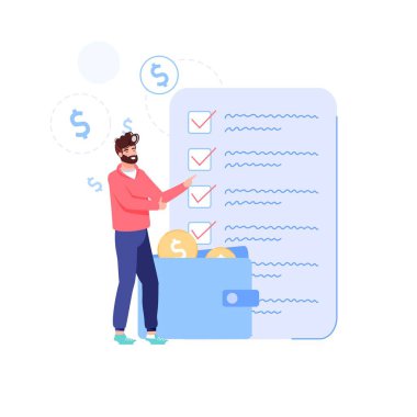 Düz çizgi film adamı karakteri ev bütçesi finans yönetimi planı, vektör illüstrasyon kavramı