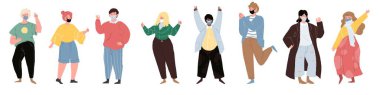 Flat cartoon characters in masks rejoice,coronavirus protection vector illustration concept