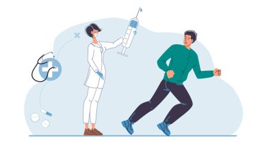 Aşı paniği yaşayan düz çizgi film karakteri, Coronavirus covid hastalığı önleme taşıyıcı illüstrasyon konsepti