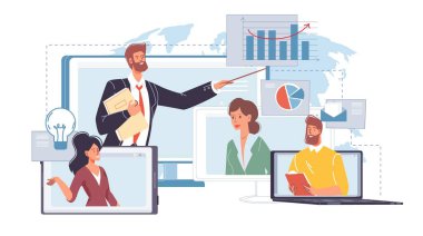 Çizgi film düz adam karakteri cep telefonu, bilgisayar uygulamaları, vektör illüstrasyon konsepti ile iletişim kurar