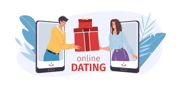 Platte stripfiguren paar, online date liefde chat, Valentijnsdag wenskaart vector illustratie concept — Stockvector