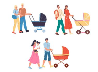 Bebek arabası çizim konsepti olan düz çizgi film aile karakterleri