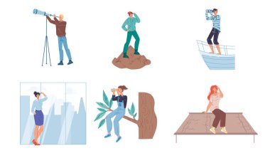 Düz çizgi film karakterleri uzaklık kümesi vektör illüstrasyon kavramına bakar