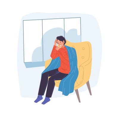 Düz çizgi film karakteri hasta kişi vektör illüstrasyon kavramı