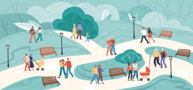 Park vektörü illüstrasyon kavramında yürüyen düz çizgi film aile karakterleri