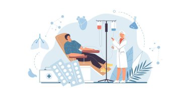 Düz çizgi film doktor karakteri ve hastası, damlatıcı terapi vektör çizimi konsepti