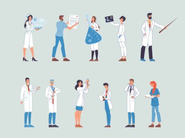 İşteki düz çizgi film karakter doktorları vektör illüstrasyon kavramını belirledi