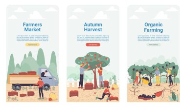 Düz çizgi film karakterleri hasat, iniş sayfası seti, vektör tasarım konsepti