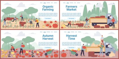 Düz çizgi film karakterleri hasat, iniş sayfası seti, vektör tasarım konsepti