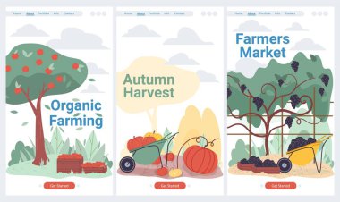 Düz çizgi film meyveleri, sebze ekinleri hasat, iniş sayfası seti, vektör tasarımı konsepti