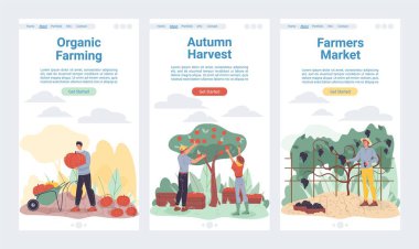 Düz çizgi film karakterleri hasat, iniş sayfası seti, vektör tasarım konsepti