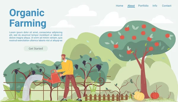 Personaje de dibujos animados plana agricultor crece cultivos, vector landing page concepto — Vector de stock