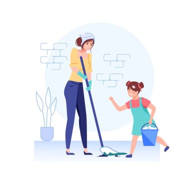 Düz çizgi film aile karakterleri temizlik, vektör illüstrasyon konsepti