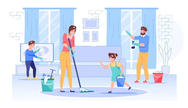 平面卡通家庭人物清扫房屋,矢量图解概念 — 图库矢量图片