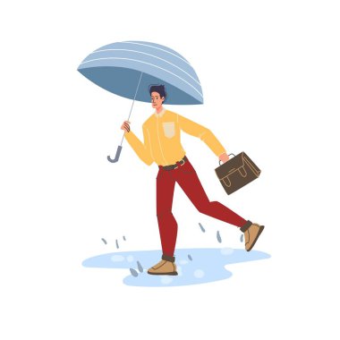 Yağmurda düz çizgi film karakteri, sonbahar sezonu vektör çizimi konsepti