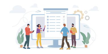 Çevrimiçi eğitim, anket, sınav vektör illüstrasyonunda düz çizgi film karakterleri