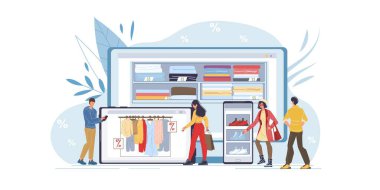 Düz çizgi film karakterleri online alışveriş satış vektörü illüstrasyon kavramı