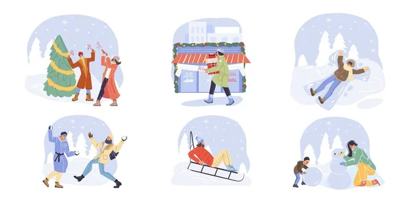 Set di personaggi dei cartoni animati piatti, concetto di illustrazione vettoriale di vacanze felici — Vettoriale Stock