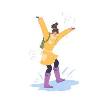 Yağmurda düz çizgi film karakteri, sonbahar sezonu vektör çizimi konsepti