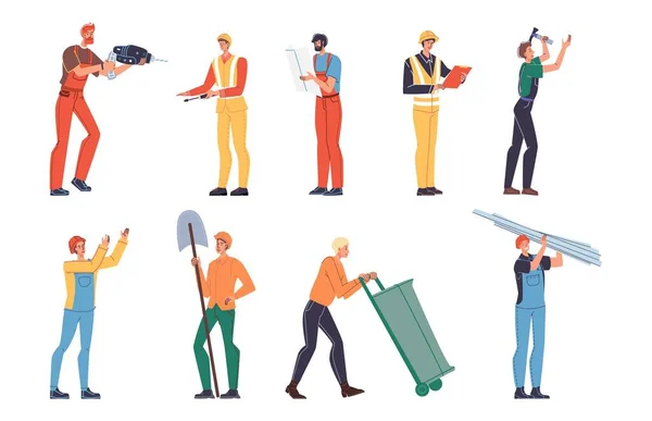 Ploché kreslené průmyslové dělníky postavy v pracovní sadě, vektorové ilustrační koncepce — Stockový vektor