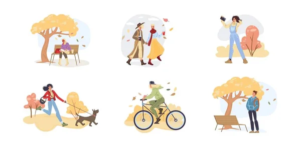 Platte stripfiguren herfst activiteiten vector illustratie concept — Stockvector