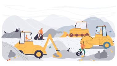 Çöp öğütücüdeki düz çizgi film sanayi işçileri karakterleri geri dönüşüm işleri, vektör illüstrasyon kavramı