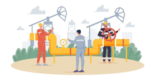Platta tecknade industriarbetare tecken vid oljeproduktion arbete, vektor illustration koncept — Stock vektor
