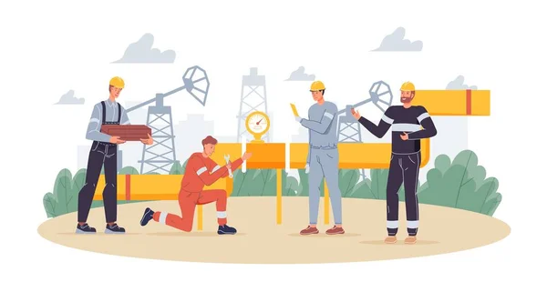 Platta tecknade industriarbetare tecken vid oljeproduktion arbete, vektor illustration koncept — Stock vektor